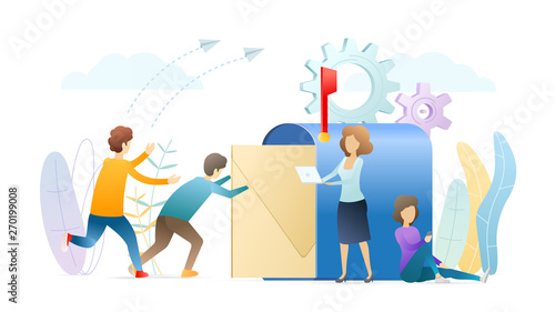 Sending email flat vector illustration. Online communication, chatting metaphor concept. Man putting envelope inside big mailbox cartoon characters. Correspondence, letter. Mailing, postal service.