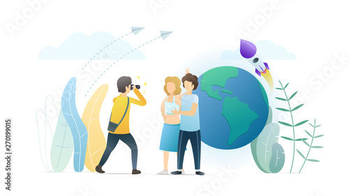 Photographer taking picture flat vector illustration. Happy couple posing for professional artist. Young people making funny photo. Friends travelling around the world, visiting different countries.