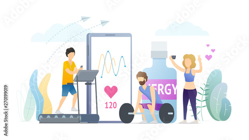 Cardio training flat vector illustration. Healthy lifestyle concept. Physical activity. Sport people training at gym with treadmill, barbell cartoon characters. Heart rate, pulse tracker mobile app.