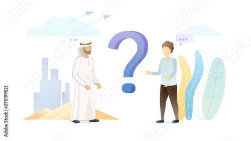 International partnership flat vector illustration. Arabian business concept. Foreigner asking, talking with muslim man isolated cartoon characters. UAE business partner. Traveler with islamic person.
