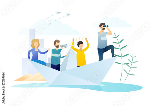 People on paper boat flat vector illustration. Business crisis, risk, danger concept. Leader and team sailing on origami ship metaphor. Workers, managers need help isolated cartoon characters.