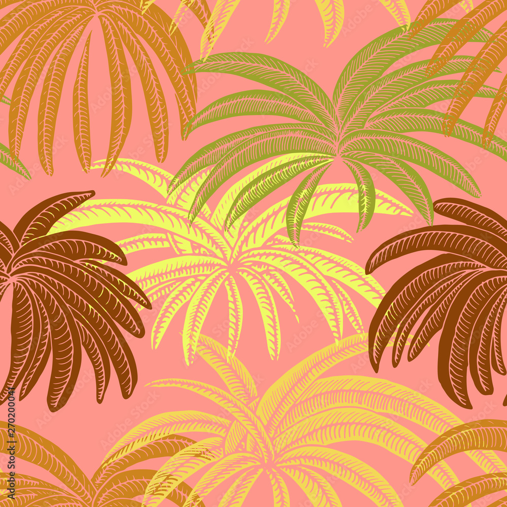 Hand drawn seamless repeating pattern of palm leaves in rustic dry colours on pink sunset background - Vector. For use in, fashion, crafting, decoration, design etc.