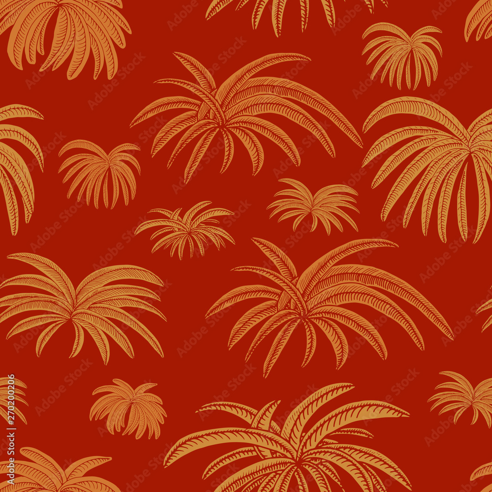 Hand drawn simple seamless pattern of Palms leaves in sandy gold, on redwood brown background - Vector. Useable for deco, textures, wallpaper, backdrops, fashion etc.