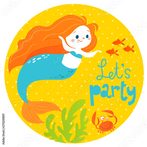 Cartoon style vector summer design with cute mermaid girl and sea fish 