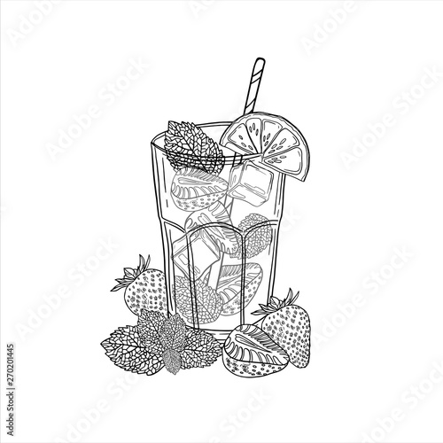 Vector illustration of fresh drink strawberry mojito. Alcoholic cocktail mojito