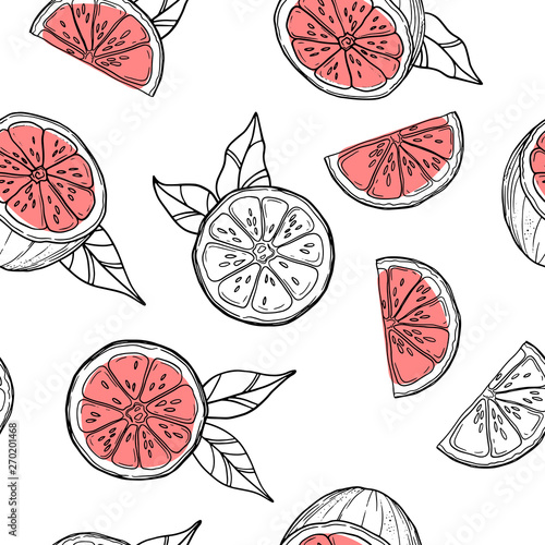 Seamless pattern with grapefruit slices and leaves. Summer background. Vector texture illustration.