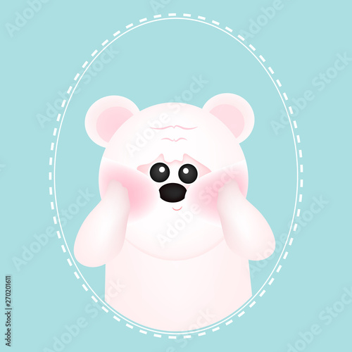 Cute white bear with red cheeks, on blue backgrounds. For baby card and invitation. Vector illustration.