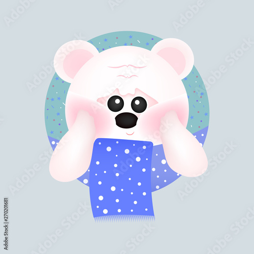 Cute white bear with red cheeks with blue scarf, on blue backgrounds. For baby card and invitation. Vector illustration.