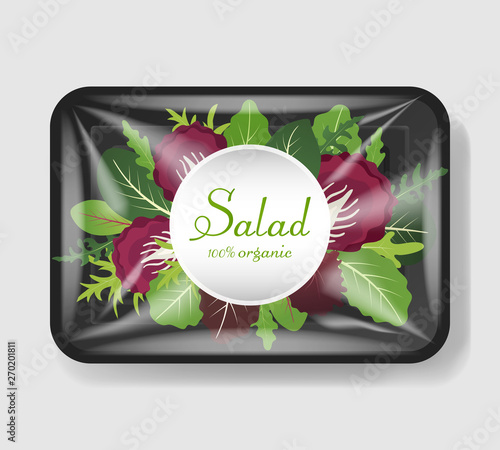 Mix of salad leaves in plastic tray container with cellophane cover. Mockup template for your design. Plastic food container. Vector illustration.