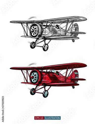Hand drawn retro airplane. Realistic vintage biplane isolated. Engraved style vector illustration. Template for your design works.