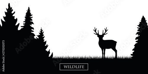 wildlife reindeer silhouette in the forest on the meadow black and white vector illustration EPS10