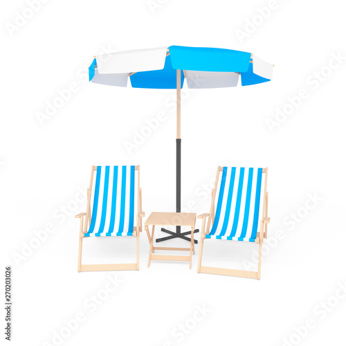 3D sun beach umbrella with two folding chairs with cloth cover with naval pattern and wooden table