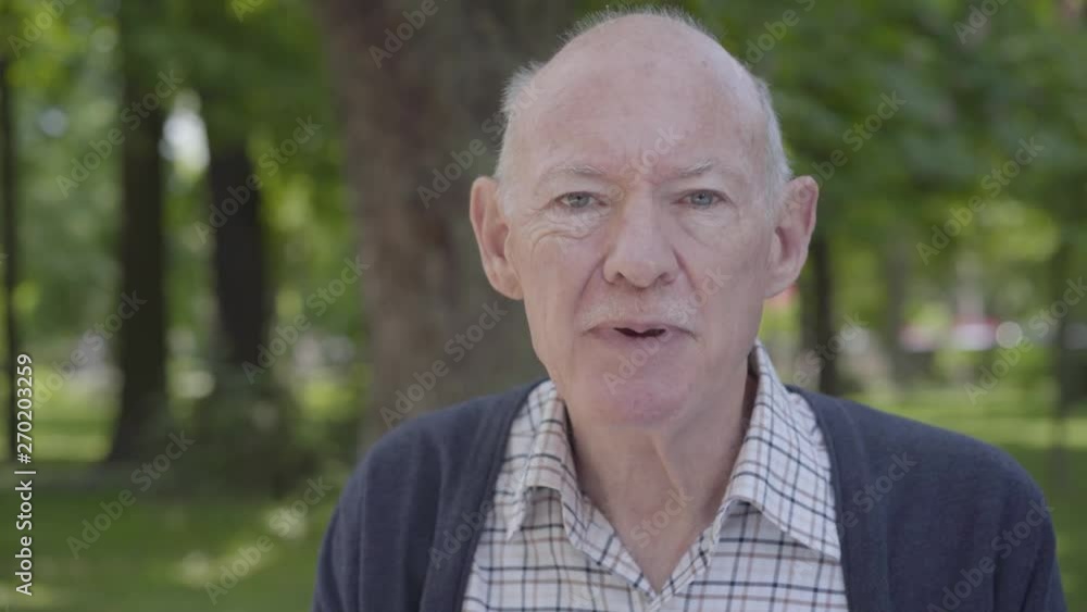 Portrait cute grandfather sitting on a bench in the park. Adorable mature grandfather resting on a sunny warm spring day outdoors. Cute old man tells something or gives an interview looking at the Portrait cute grandfather sitting on a bench in the park. Adorable mature grandfather resting on a sunny warm spring day outdoors. Cute old man tells something or gives an interview looking at the