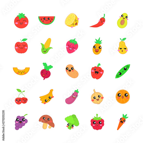 Fruits and vegetables cute kawaii vector characters