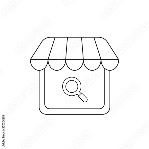 Vector icon concept of store with magnifying glass.