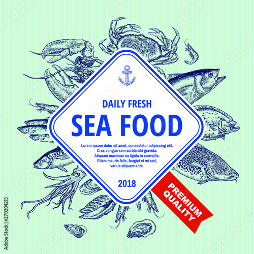 Sea food banner. Hand drawn sea animals set. Template for your design works. Vector illustration.