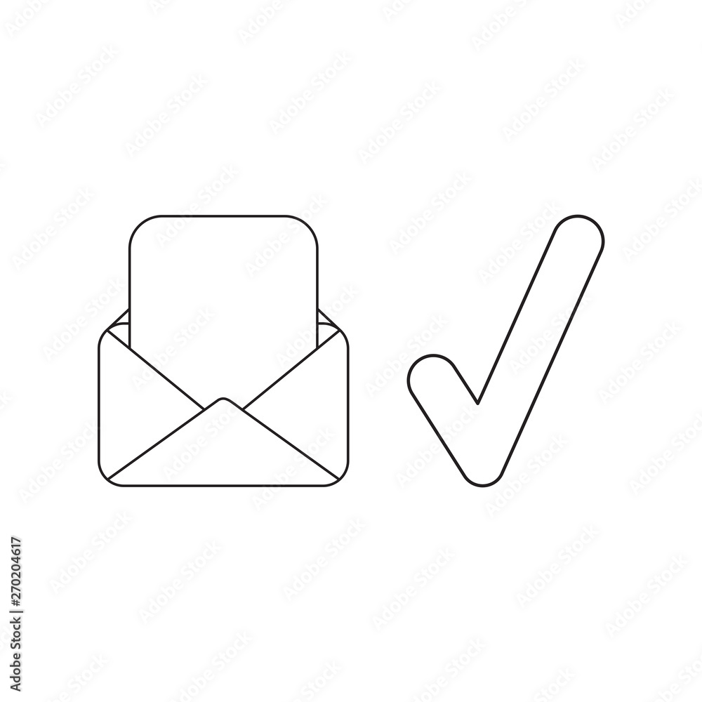 Vector icon concept of envelope and blank paper with check mark. Vector icon concept of envelope and blank paper with check mark.
