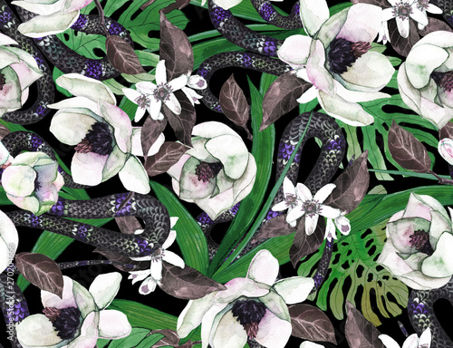 Tropical pattern with beautiful flowers of magnolia and snake. Seamless pattern with tropical leaves and animals photo