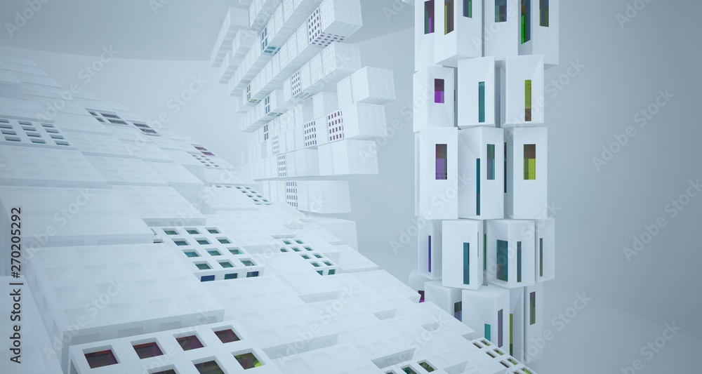 Fototapeta premium Abstract white and colored gradient glasses interior multilevel public space with window. 3D illustration and rendering.