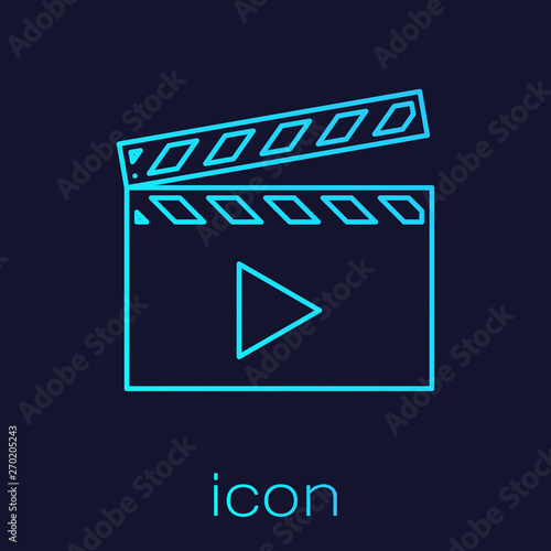 Turquoise Movie clapper line icon isolated on blue background. Film clapper board icon. Clapperboard sign. Cinema production or media industry concept. Vector Illustration