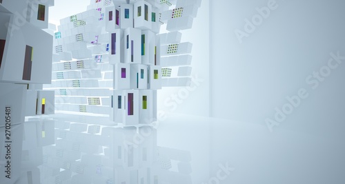 Abstract white and colored gradient glasses interior multilevel public space with window. 3D illustration and rendering.