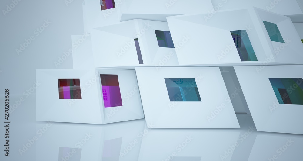 Fototapeta premium Abstract white and colored gradient glasses interior multilevel public space with window. 3D illustration and rendering.