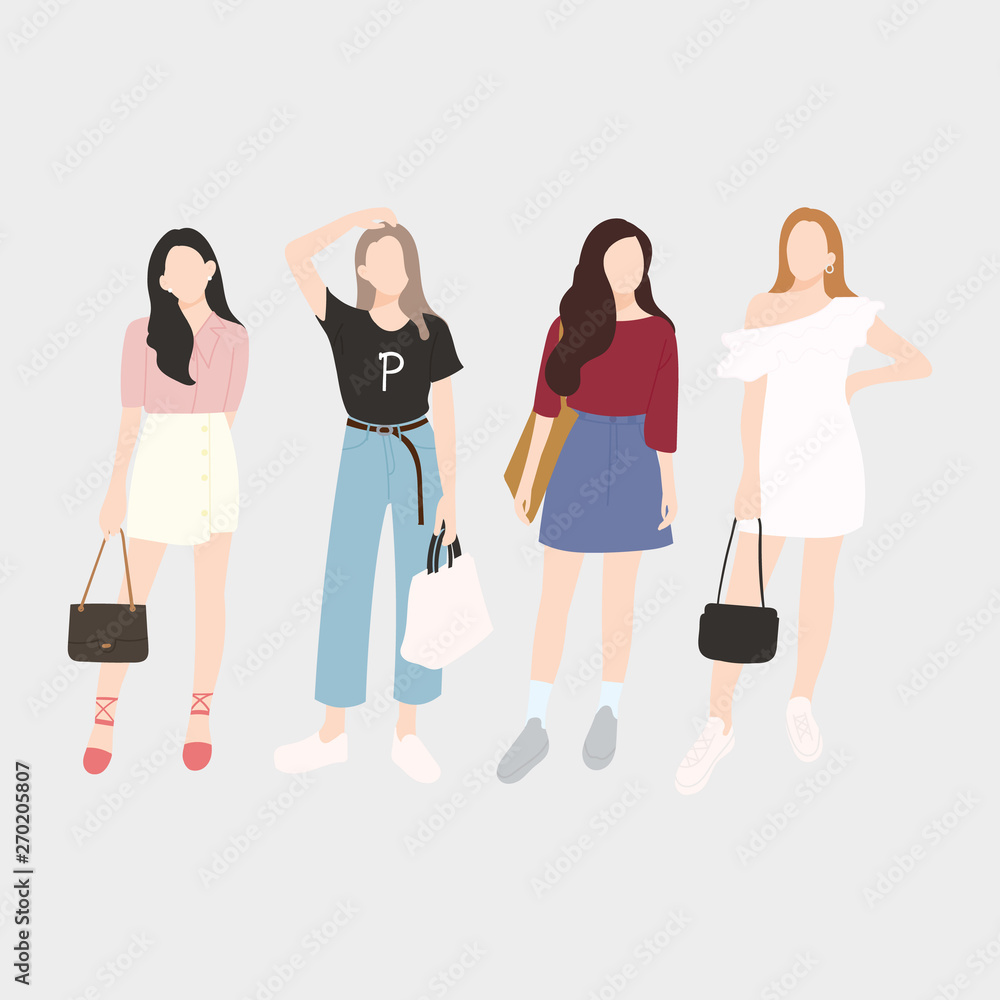 Set of young fashion women, stylish girls. flat design. vector illustration.