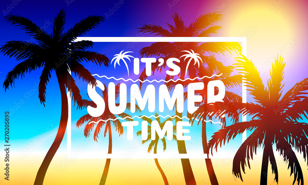 Summer time, holiday cover banner design, elements in sky background.