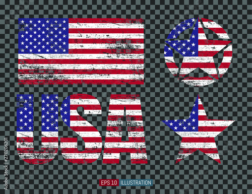 Set of USA symbols. Lettering, grunge american flag, stars.  Transparent background. Template for your design works. Vector illustration.