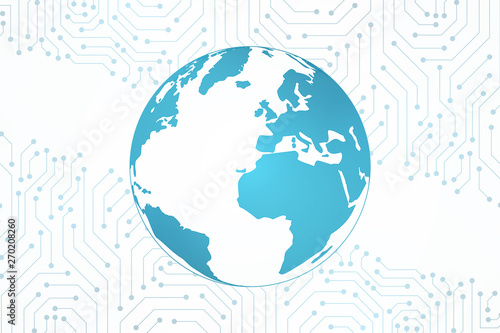 Connection concept, Abstract Technology Background, blue circuit board pattern with globe map