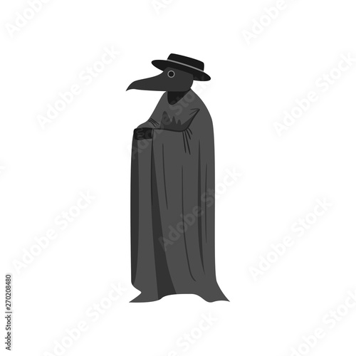 Medieval plague doctor with black hat and long textile coat