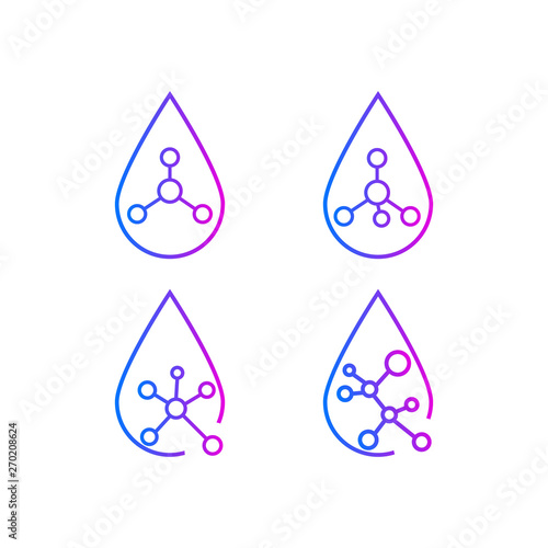 Set of molecular structures inside drops on white background