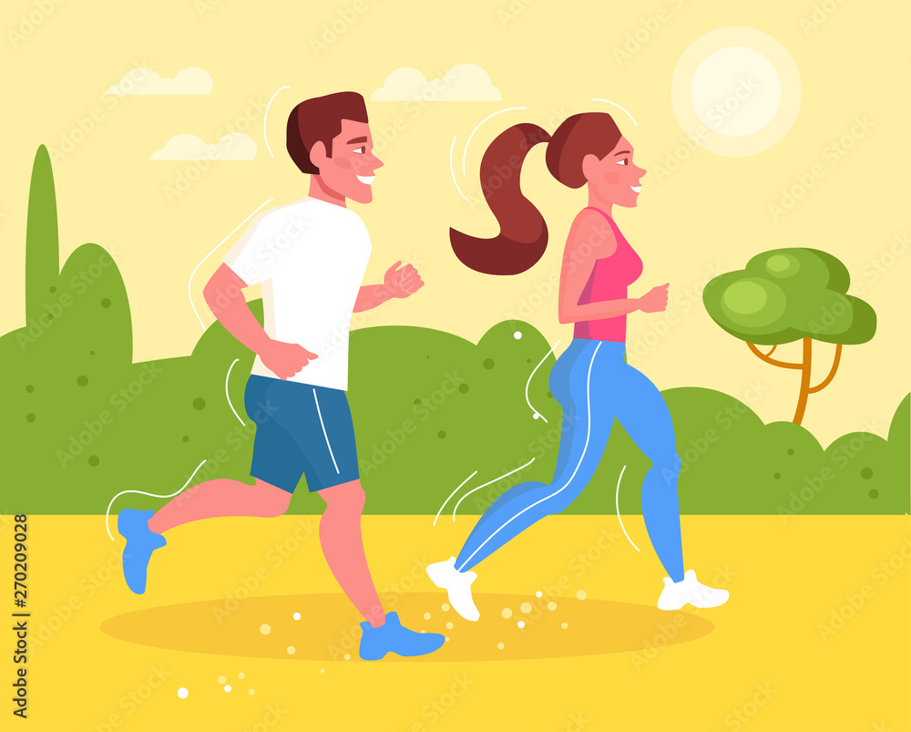 Runners in park Vector. Cartoon. Isolated art Flat