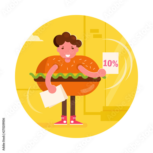 Promoter in a hamburger suit Vector. Cartoon. Isolated art