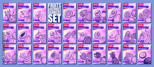Fruits and berries banners set. Template for your design works. Vector illustration.