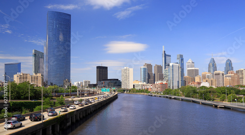 Philadelphia skyline with the Schuylkill River and highway on the foreground, USA. Panoramic view.