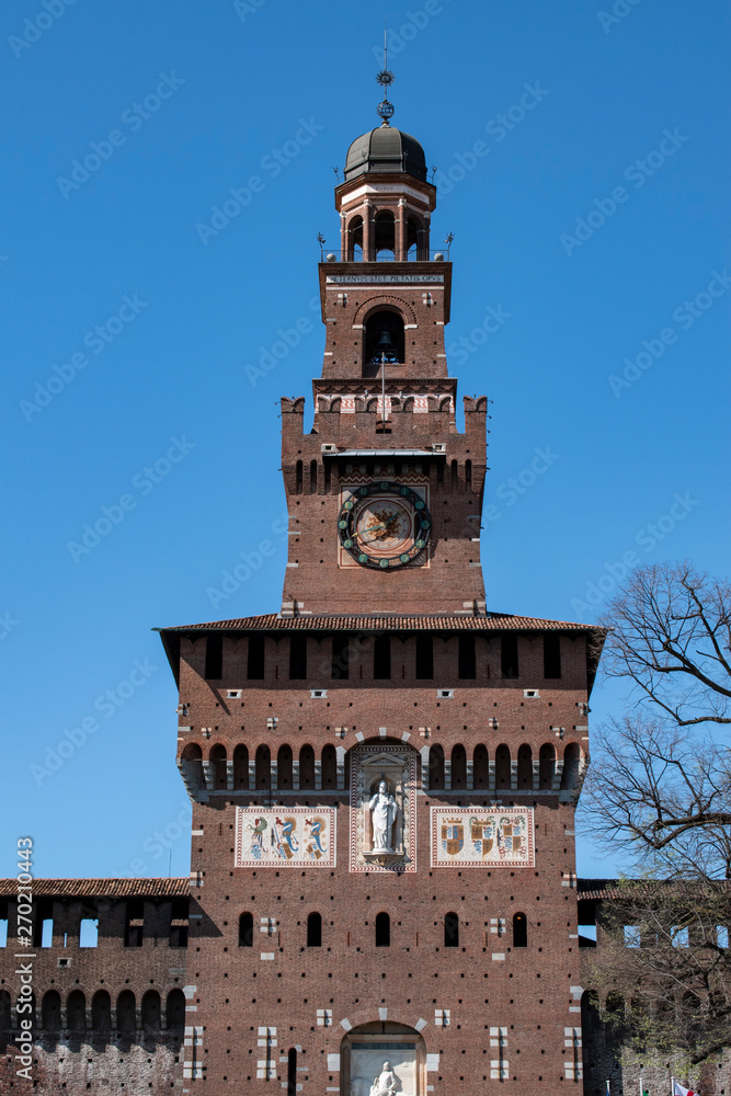 Milan, Italy: the Torre del Filarete, the central tower of the Sforza Castle (Castello Sforzesco), built in the 15th century by Francesco Sforza, Duke of Milan, now housing several museums