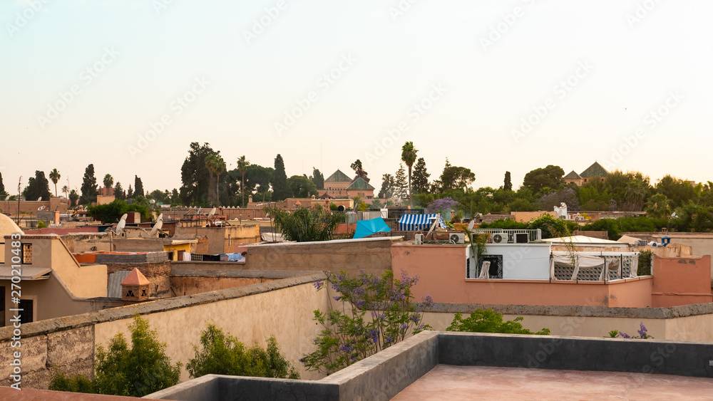 Top Panoramic view from rooftop Marocco Marrakesh with the old part of town Medina and minaret market