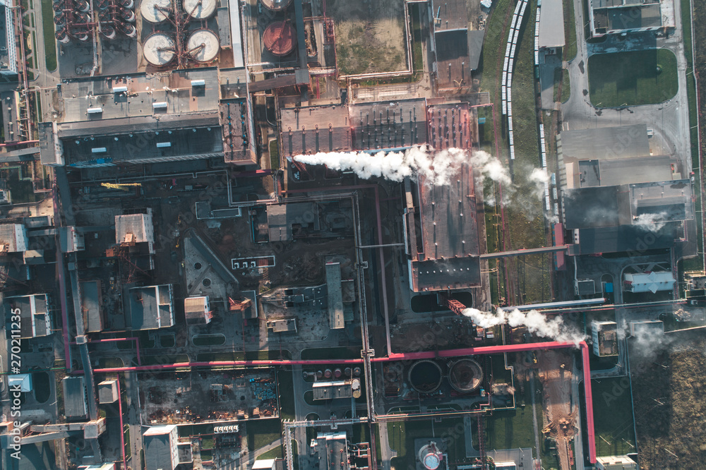 production of potash fertilizers, smoke from pipes creates pollution. shot by drone production of potash fertilizers, smoke from pipes creates pollution. shot by drone