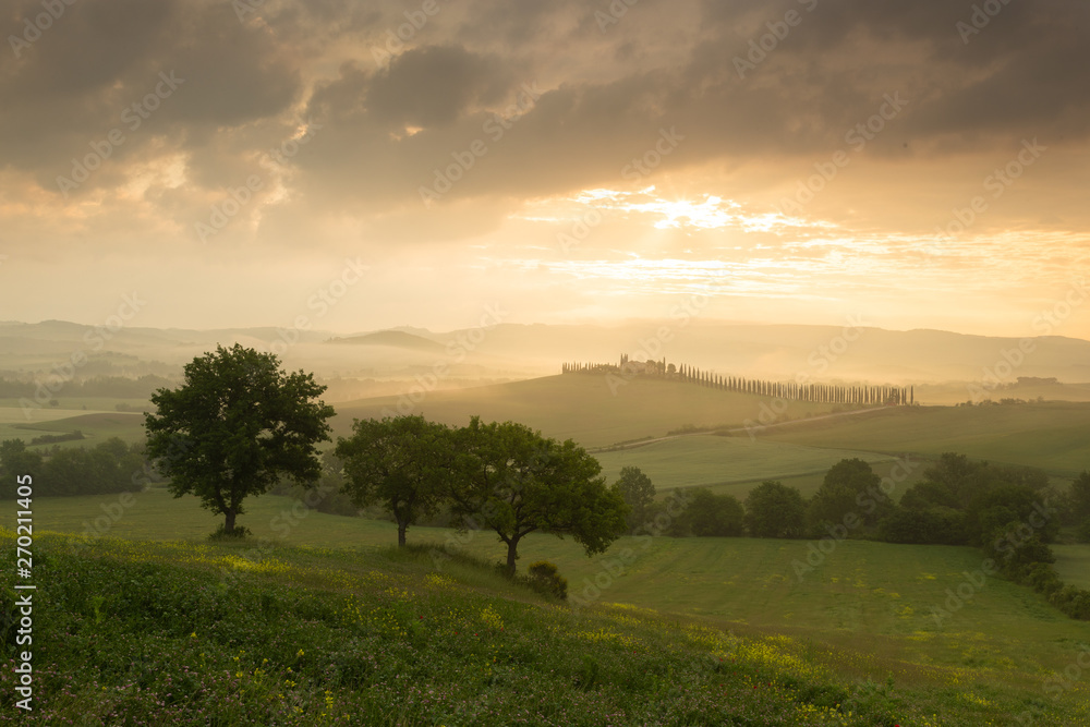 Spectacular sunrise on the fields of Tuscany, Italy