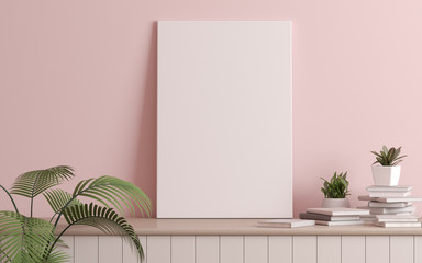 Mock-up of picture canvas frame with small plant in vase and books on light pink wall. Perspective of modern Interior design. 3d rendering.