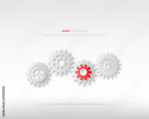Power of leadership or teamwork concepts. Gray gears wheels and one red gear on white background.