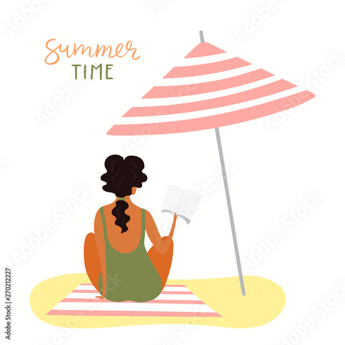 Hand drawn vector illustration of a happy woman on the beach reading, with lettering quote Summer time. Isolated objects on white background. Flat style design. Concept, element for poster, banner.