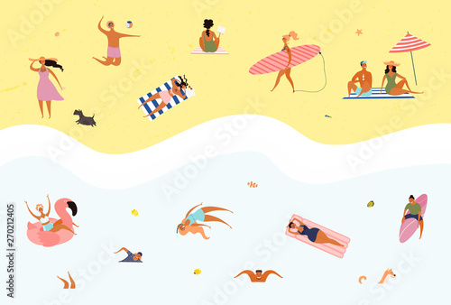 Hand drawn vector illustration with happy young people on the beach, swimming, surfing, sunbathing. Flat style design. Concept, element for summer poster, banner, background.