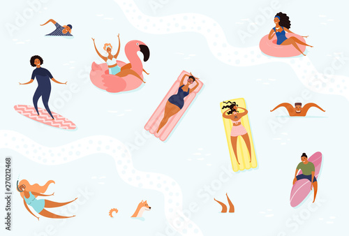 Hand drawn vector illustration with happy young people in the sea, swimming, surfing, floating. Flat style design. Concept, element for summer poster, banner, background.