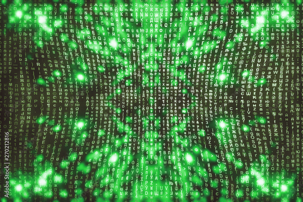 Green matrix digital background. Abstract cyberspace concept. Characters fall down. Matrix from symbols stream. Virtual reality design. Complex algorithm data hacking. Green digital sparks.
