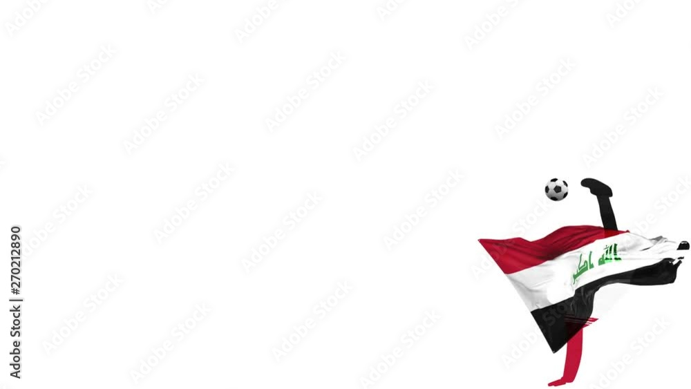 Iraq football player with a flag in the background kicks up a twisted ball and kicks through himself. The ball flies to the screen. Alpha channel transparency for overlay. Iraq football player with a flag in the background kicks up a twisted ball and kicks through himself. The ball flies to the screen. Alpha channel transparency for overlay.