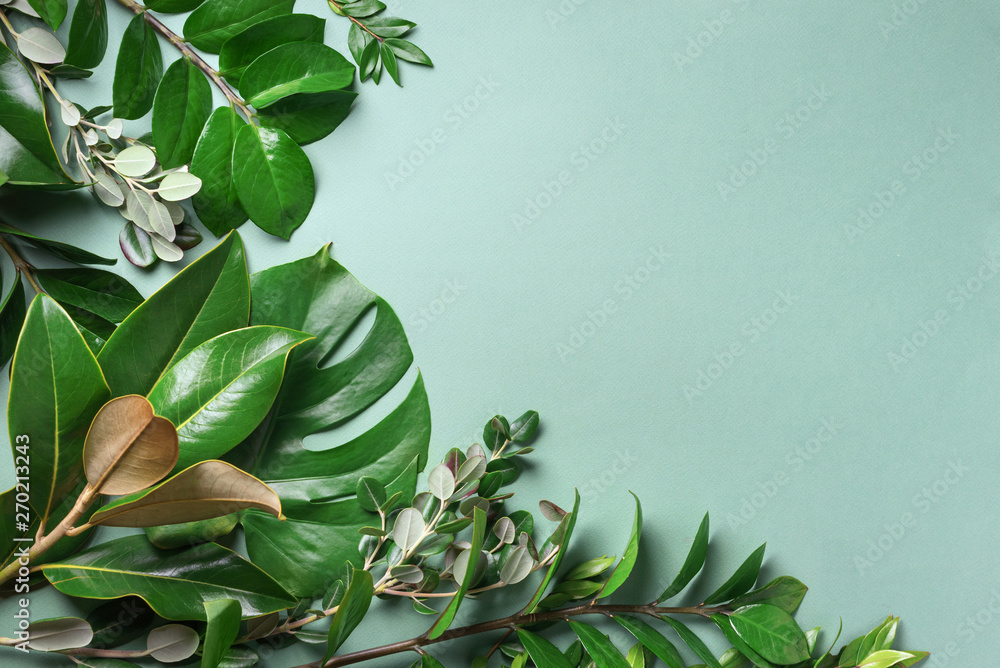 Tropical leaf frame on green background with copy space. Flat lay. Top view. Summer or spring nature concept. Leaves mock up - obrazy, fototapety, plakaty 