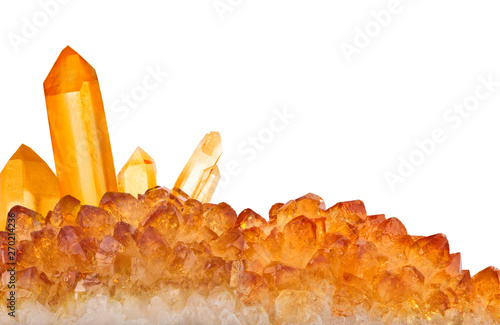 Fotografi bright orange citrine large crystals strip isolated on white