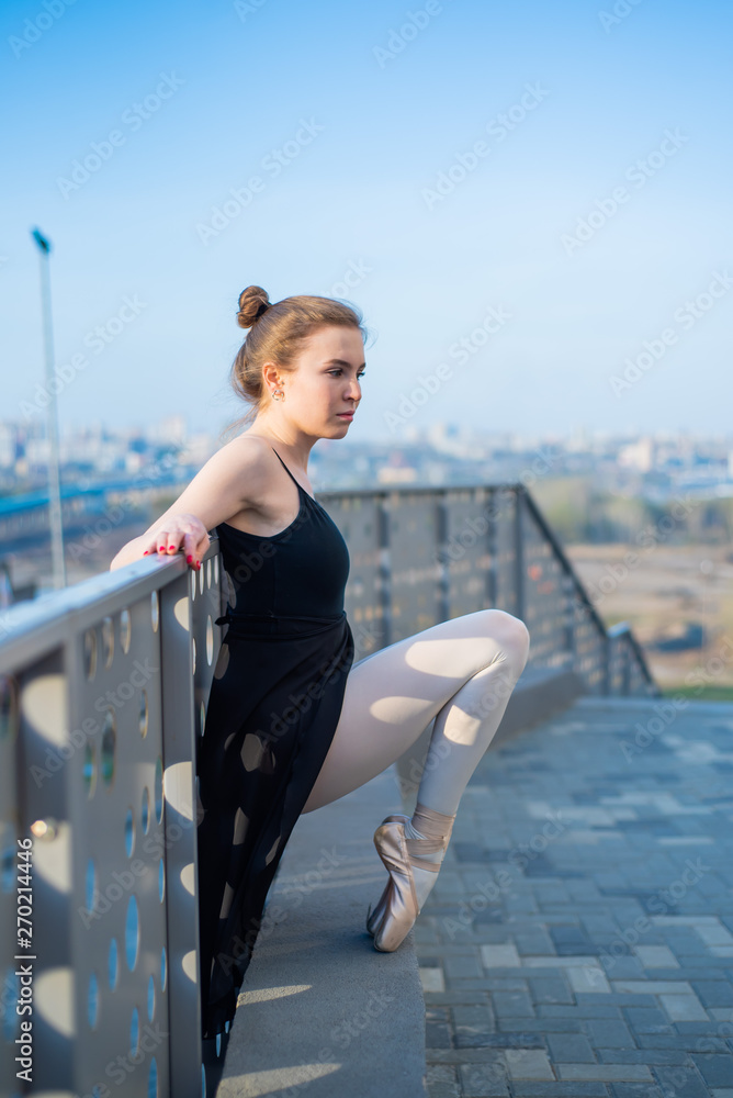 Ballerina in a tutu posing standing by the fence. Beautiful young woman in black dress and pointe dancing outside. Gorgeous ballerina performing a dance outdoors